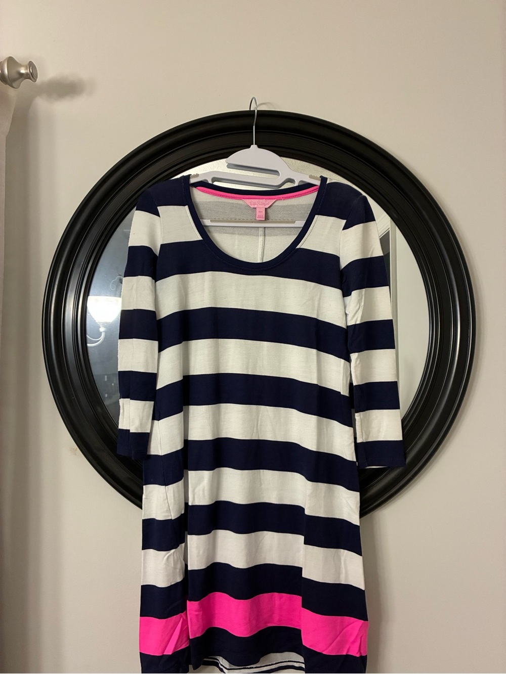 Lilly Pulitzer Navy and White Striped Scoop Neck Dress with Hot Pink Hem XXS